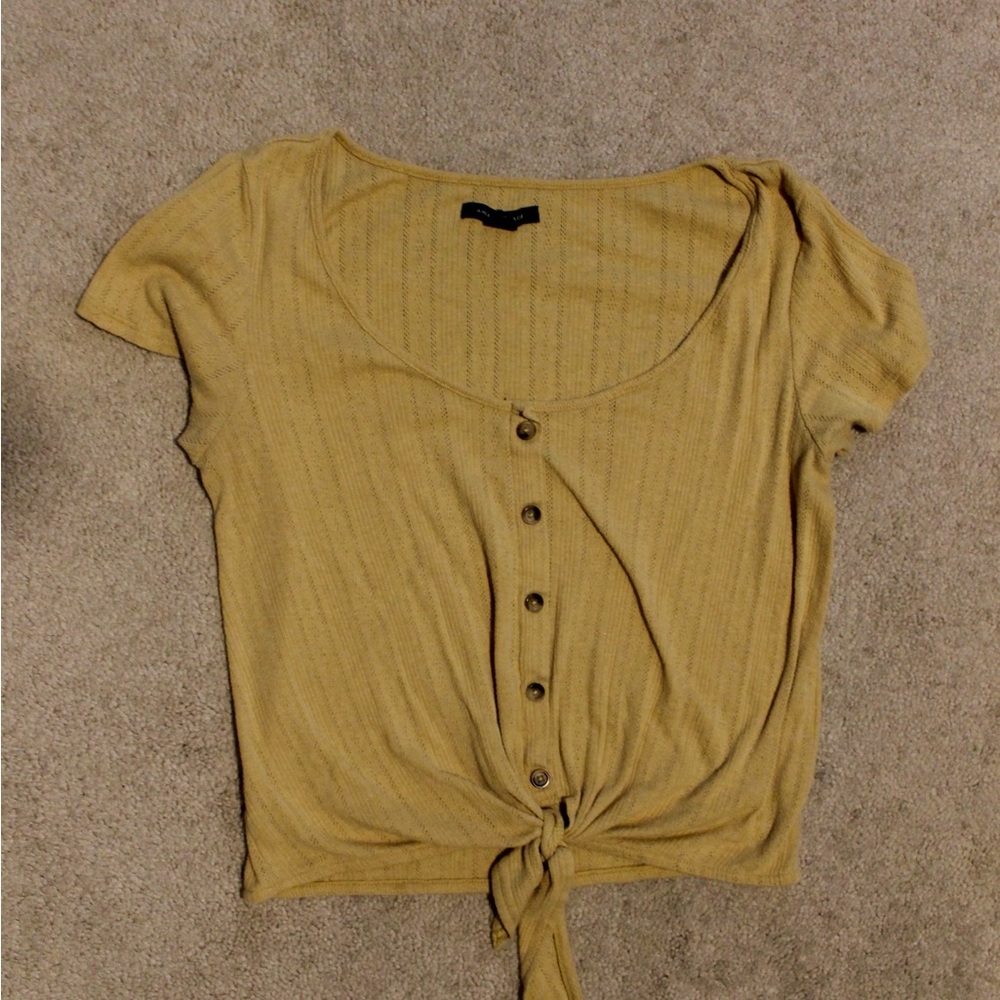 American Age Mustard Short Sleeve Button Tie Top